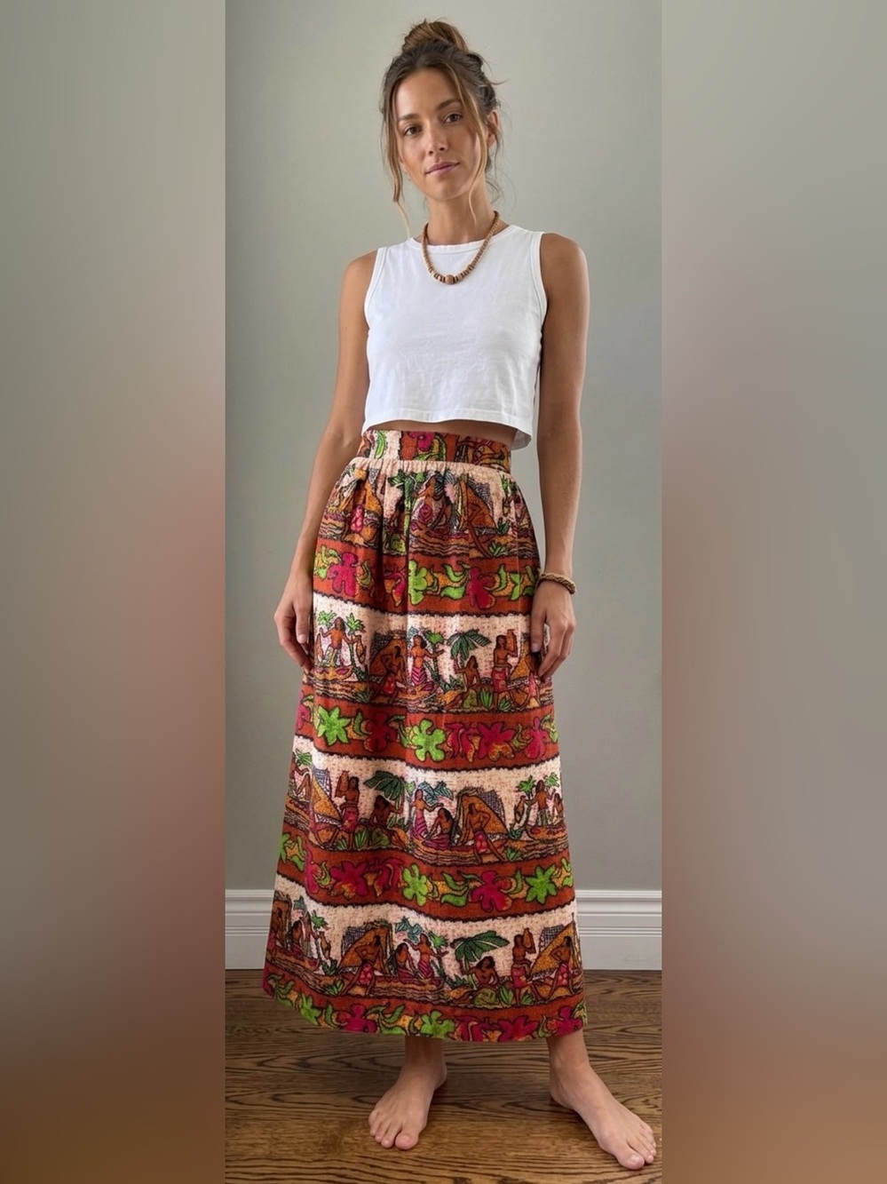 Vintage Maxi Skirt Hawaiian Print Cotton Bark Cloth Large
